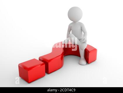 Toon man sitting on 3d question mark. FAQ, ask, search concepts Stock Photo