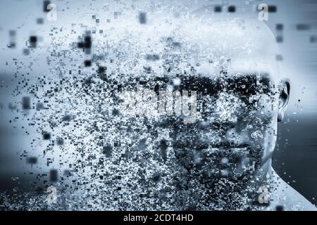 Man face with pixel dispersion effect. Concept of technology, modern science but also disintegration Stock Photo