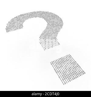 Black binary code text forming a shape of a question mark on a white background Stock Photo