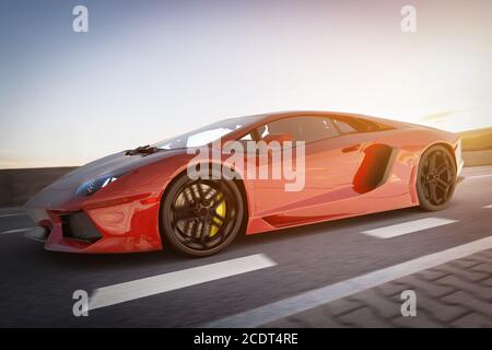 Modern red metallic sports car driving fast on the road. Generic desing, brandless Stock Photo