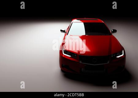 New red metallic sedan car in spotlight. Modern desing, brandless. Stock Photo