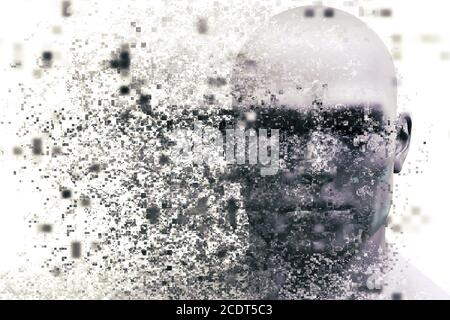 Man face with pixel dispersion effect. Concept of technology