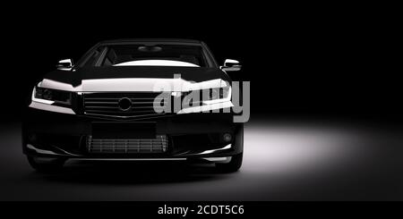 New black metallic sedan car in spotlight. Modern desing, brandless. Stock Photo