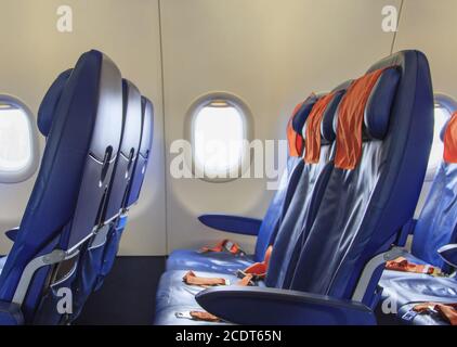 Volgograd, Russian Federation, August 07,2015: Chairs in the plane of Aeroflot company Stock Photo