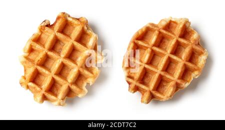two freshly baked belgian waffles isolated on white background, top view Stock Photo