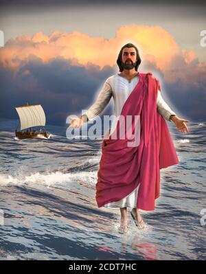 Jesus Christ walking on water of the Sea of Galilee with the disciples in a fishing boat and a cloudy sunset in the background, 3d render. Stock Photo