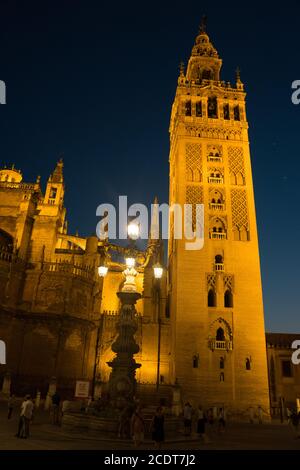 The Giralda bell tower lit up at night in Seville, Spain, Europe Stock Photo