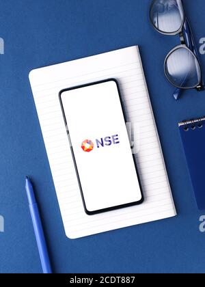 Assam, india - August 27, 2020 : NSE logo on phone screen stock image. Stock Photo