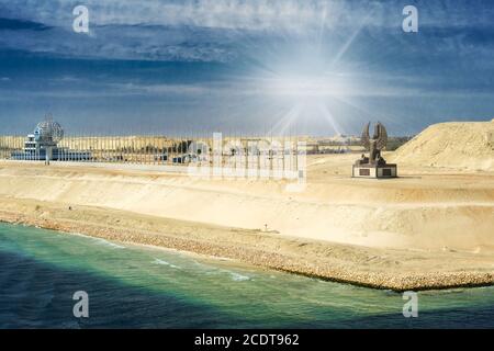 Section of the Suez Canal expansion canal with new monuments Stock Photo