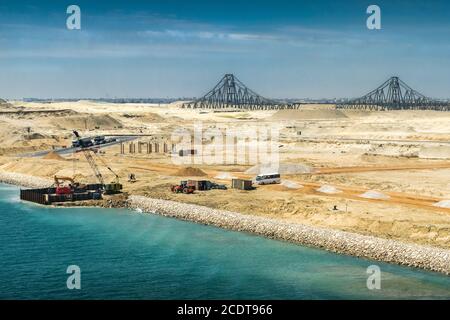 View from the newly opened extension channel of the Suez Canal to the El Ferdan Bridge Stock Photo