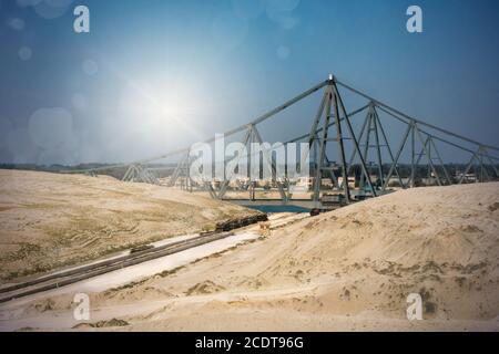 View from the newly opened extension canal to the old Suez Canal and to the El-Ferdan Bridge Stock Photo