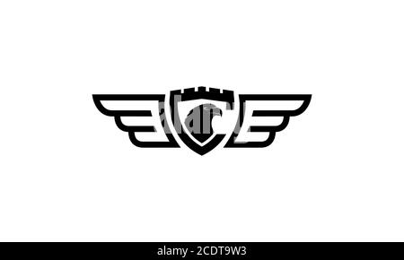 vintage eagle head on shield  and wings line logo design Stock Vector
