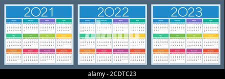 Calendar 2021, 2022, 2023. Colorful set. Week starts on Sunday. Isolated vector illustration. Stock Vector