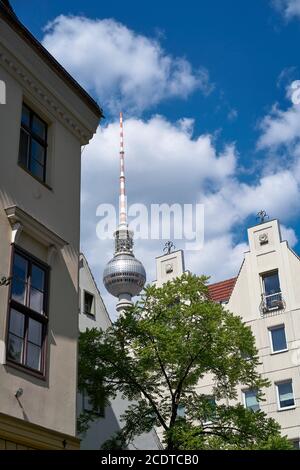 View of the TV tower from the Nikolai Quarter in Berlin Stock Photo