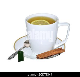 Cup of aromatic cinnamon tea with lemon isolated on white Stock Photo