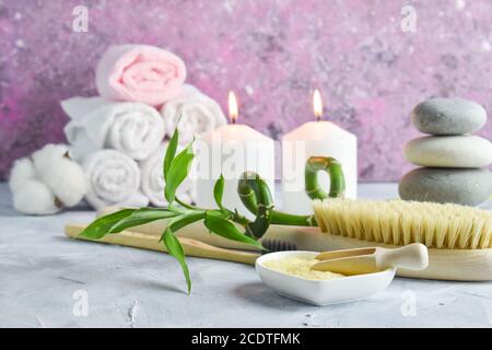 Bath and bath accessories with a copy of the space. Stock Photo