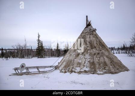 A Nenet chum (traditional tent covered with reindeer hides) and a 'holy sled', Yamalo-Nenets Autonomous Okrug, Russia Stock Photo