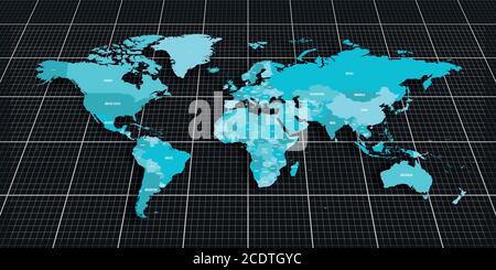 Colorful geopolitical map of World. Bottom perspective view with background grid. Vector illustration. Stock Vector