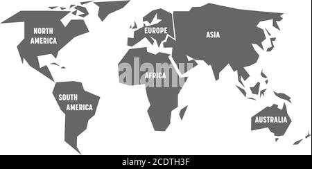 Simplified grey silhouette of world map divided to six continents. Simple flat vector illustration on white background. Stock Vector