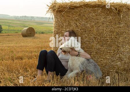 young woman hugs her dog while sitting by a roll of hay in harvested field. Calm tranquil landscape. Pleased, pacified look. Friends human and dog in Stock Photo