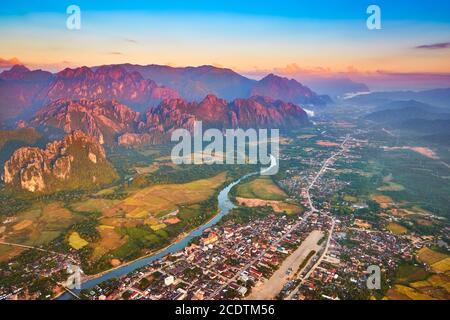 Aerial view of the fields, river and mountain. Beautiful landscape. Laos. Stock Photo