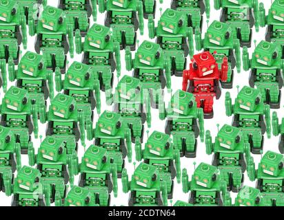 concept gong against the crowed with retro robot toys Stock Photo
