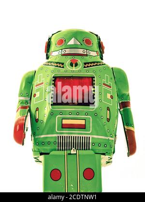 retro green robot toy looming a Stock Photo