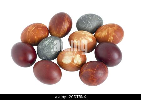 Rural red chicken Easter eggs are painted with an onions peel and tea. Stock Photo