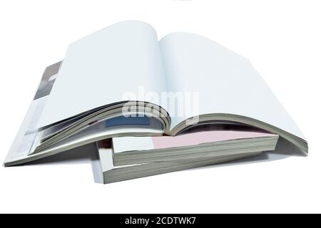 Opened blank pages of magazine or book, catalog isolated on white Stock Photo