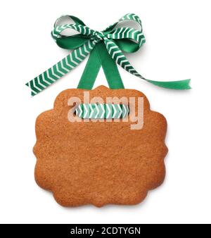 Gingerbread Label Cookie with Ribbon Bow Isolated on White Background Stock Photo