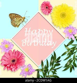Happy birthday bright greeting card concept with flowers and butterfly