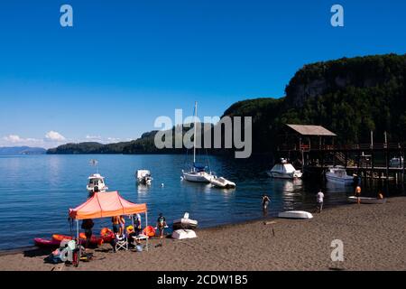 Villa La Angostura, Argentina. February 10, 2020. View of Bahia Mansa beach. Puerto Angostura. Nahuel Huapi Lake Stock Photo