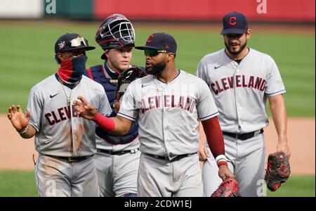 St. Louis, USA. 29th August, 2020. St. Louis, United States. 29th Aug, 2020. The Cleveland Indians celebrate their 2-1 win over the St. Louis Cardinals in 12 innings at Busch Stadium in St. Louis on Saturday, August 29, 2020.Photo by Bill Greenblatt/UPI Credit: UPI/Alamy Live News Stock Photo