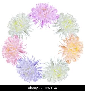 Floral round frame with colorful chrysanthemums on white background Stock Photo