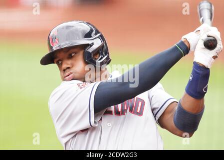 St. Louis, USA. 29th August, 2020. Cleveland Indians batter Greg Allen warms up at the on deck circle during a game against the St. Louis Cardinals at Busch Stadium in St. Louis on Saturday, August 29, 2020.Photo by Bill Greenblatt/UPI Stock Photo