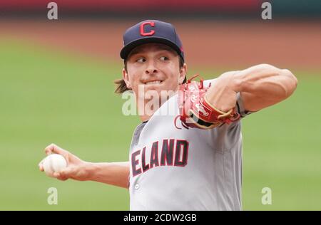 St. Louis, USA. 29th August, 2020. Cleveland Indians pitcher James Karinchak delivers a pitch to the St. Louis Cardinals in the seventh inning at Busch Stadium in St. Louis on Saturday, August 29, 2020.Photo by Bill Greenblatt/UPI Stock Photo