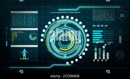 HUD digital transformation user interface computer screen display with pixels background. Blue and yellow abstract hologram holographic technology con Stock Photo