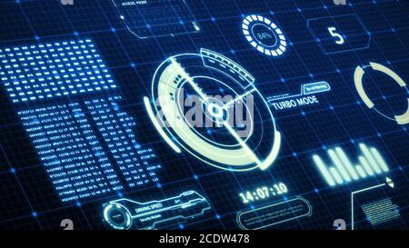 HUD driving car speed user interface computer screen display with pixels background. Blue abstract digital transformation hologram holographic technol Stock Photo