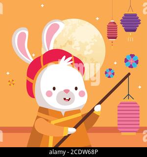 rabbit cartoon in traditional cloth with lantern design, Happy mid autumn harvest festival oriental chinese and celebration theme Vector illustration Stock Vector