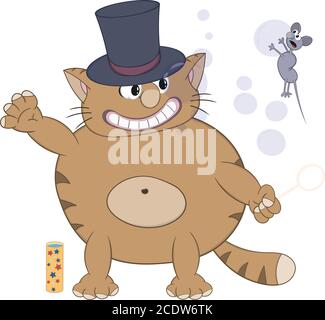 Funny cartoon red cat is lying on the pillow, smiling and holding a mouse in its paw Stock Vector