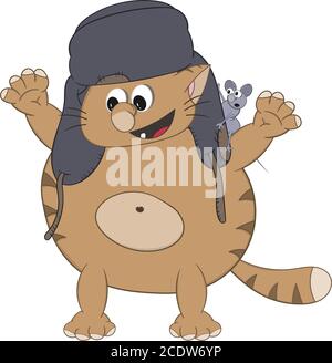 funny cartoon fat red cat in a cap with earflaps holds a small mouse on his shoulder and rejoices Stock Vector