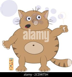 Funny cartoon ginger cat blows soap bubbles. Isolated on a white background Stock Vector