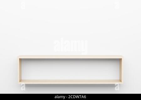 empty wooden shelves on white wall with light from the top Stock Photo