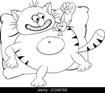 Funny cartoon cat is lying on the pillow, smiling and holding a mouse in its paw. Funny coloring in the style of comics Stock Vector