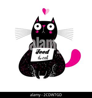 Vector illustration of a lovely funny cat with a food poster. The cat asks for food. Stock Vector