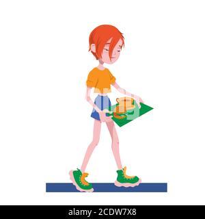 Cute cartoon character girl carries a burger and tea on a tray. The red-haired child is enjoying the meal. Vector illustration Stock Vector