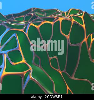 Abstract 3d rendering of chaotic green landscape structure with golden frame. Futuristic shape in empty space Stock Photo