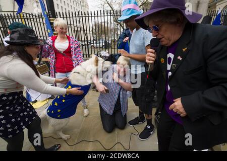 Anti Brexit protesters having a Mad Hatters Tea Party from the book Alice in Wonderland with a Boris Johnson look-a-like, outside Downing Street, protesting todays announcement of the start Article 50, the formal start of the 2 year process for Britain to leave the European Union.  Downing Street, Whitehall, London, UK.  29 Mar 2017 Stock Photo