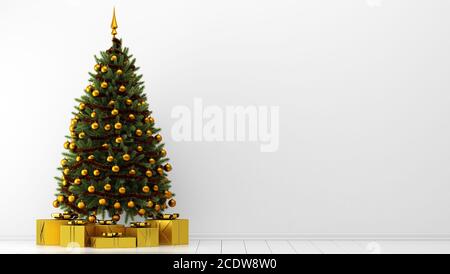 decorated christmas tree with gift boxes in white room Stock Photo