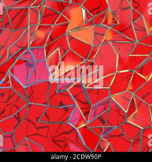 Abstract 3d rendering of chaotic red glass windows landscape structure with golden frame. Futuristic texture background Stock Photo